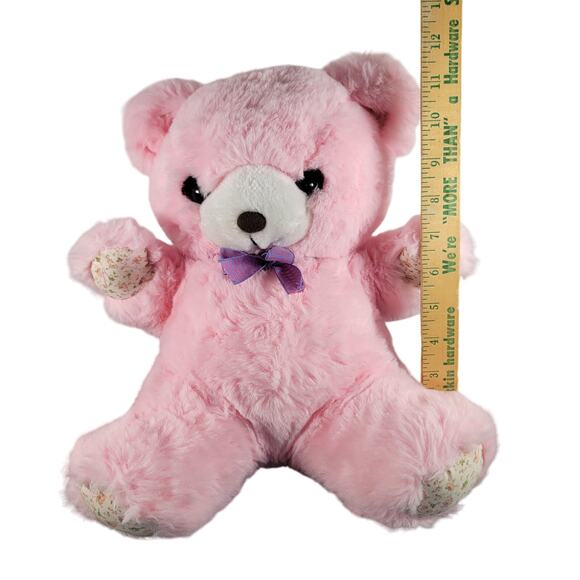 Pink Plush Teddy Bear Vintage 1988 Moonbeam Toys 12" Floral Paws Bow Korea - Picture 3 of 11